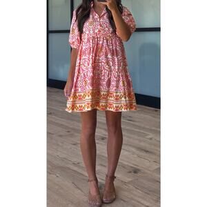 Talulah Malia Floral Puff Sleeve Tiered Mini Dress Womens Size Medium New Pink